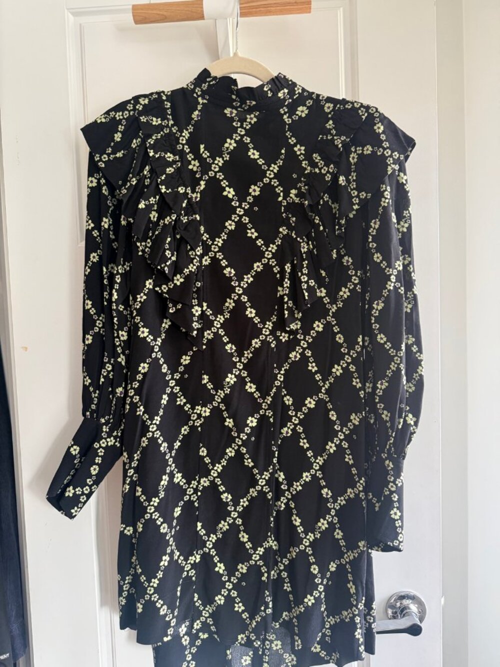 Ganni Black Floral Print Dress - Ruffle Neckline - Size 8